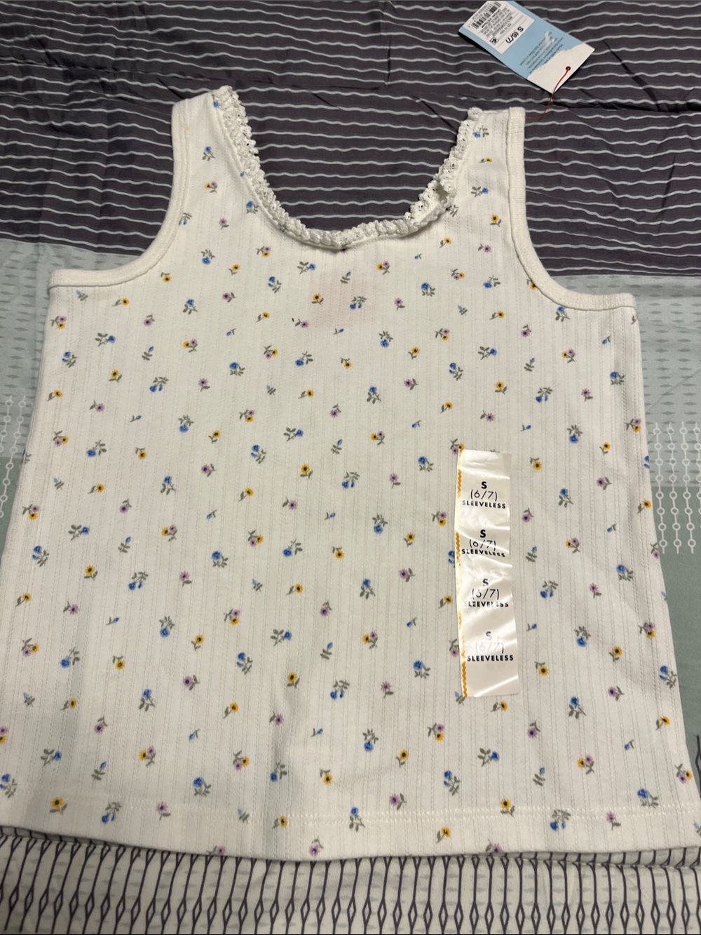 Cat & Jack White Ribbed Tank with Tiny Blue, Yellow & Purple Floral Print